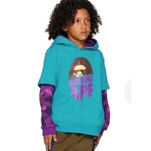 NWT Bape Blue & Purple Camo Ape Head Hoodie Green Kids 6-8 Sweatshirt Luxury
